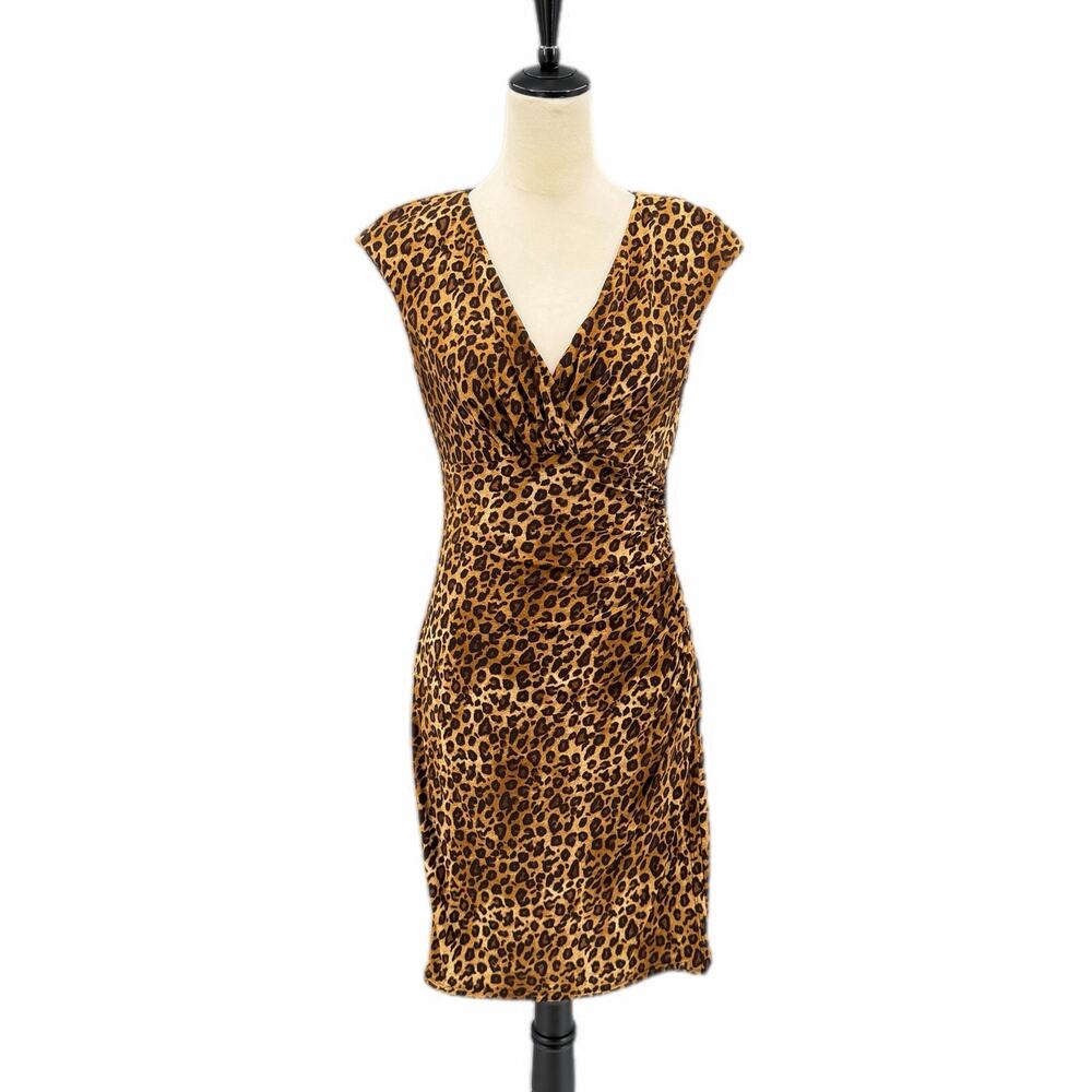 Lauren Ralph Lauren Faux Wrap Brown Leopard Print Sleeveless V-neck Mini Dress